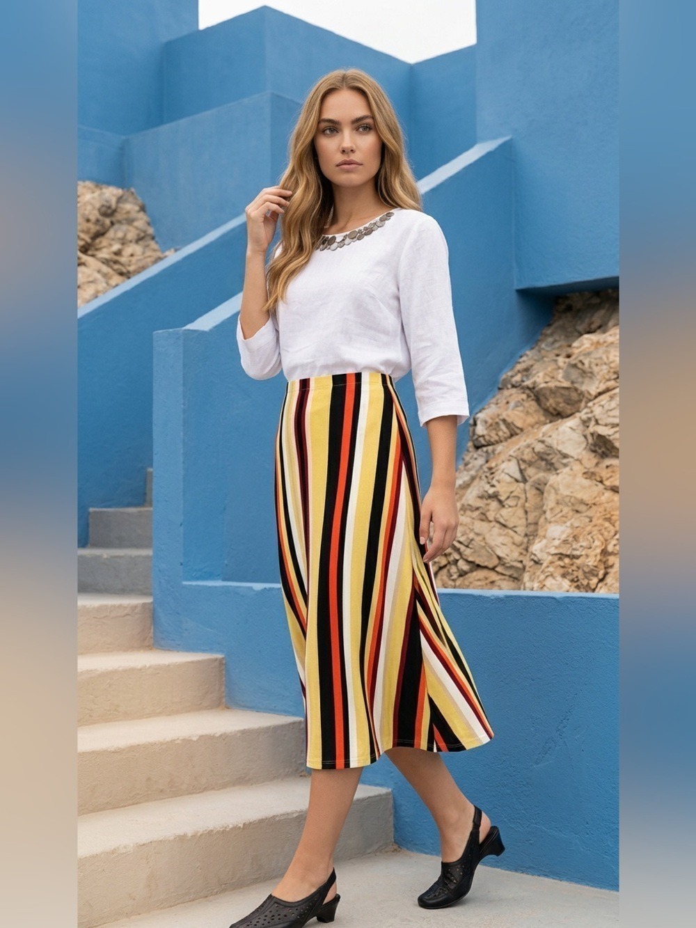 Roni Rabl Striped Knit Midi Skirt - Peach Black Olive White - Size L